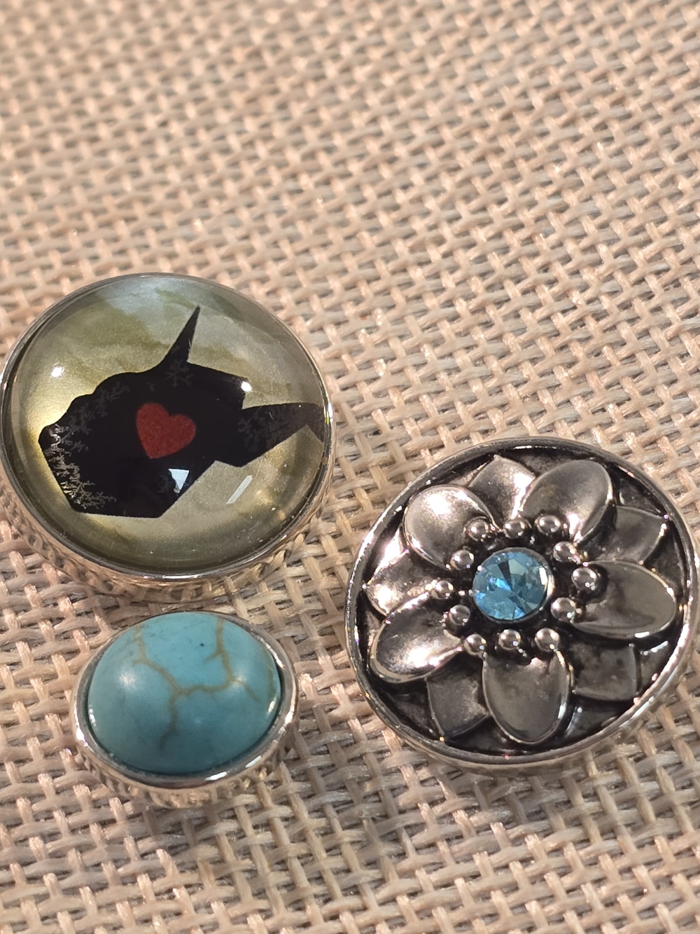 3 Ginger Snaps Silver Pendants -  Turquoise Accent, Silver Floral Snap, WV Heart
